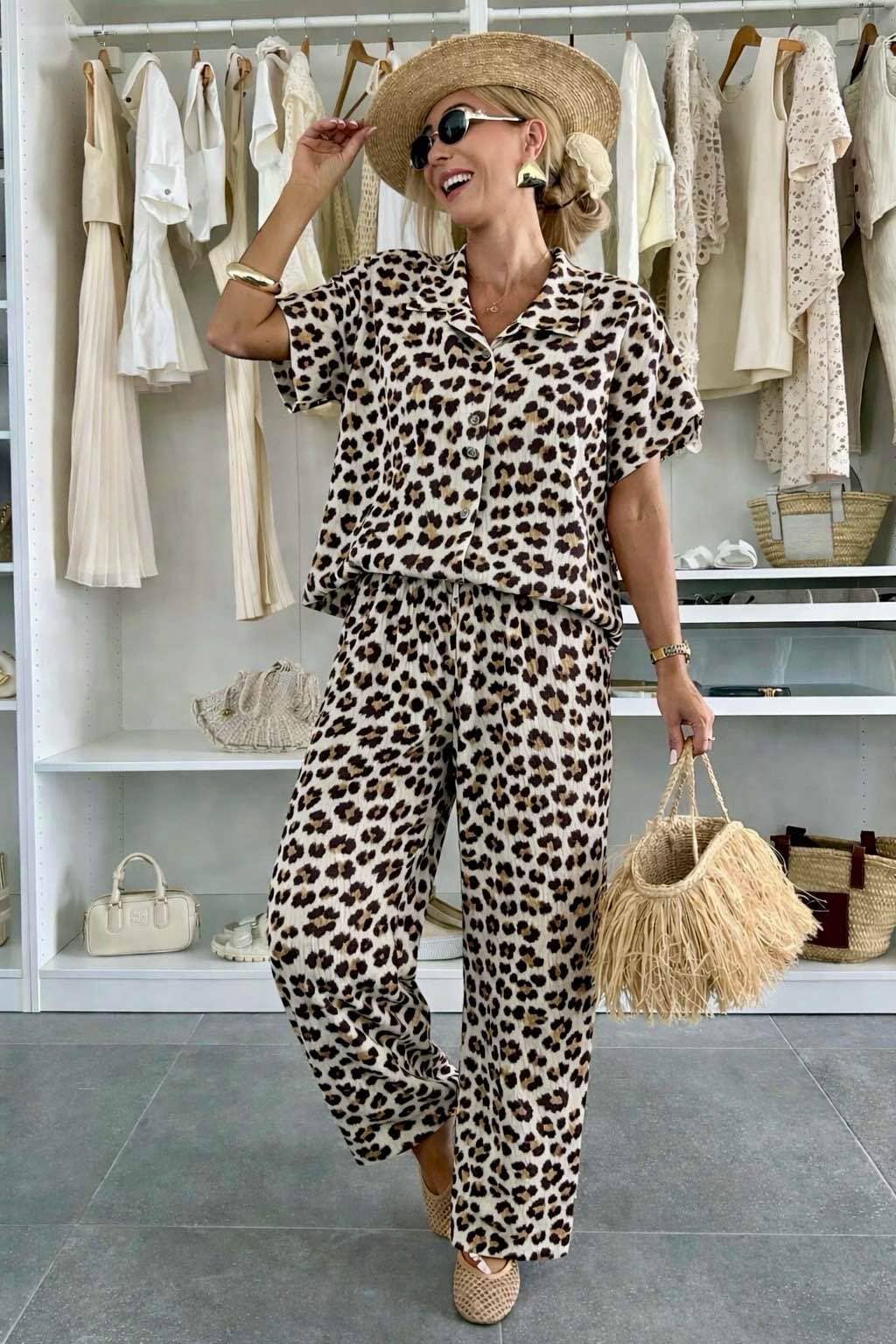 Ensemble Gaze DE Coton Chemise Pantalon Imprimé Léopard