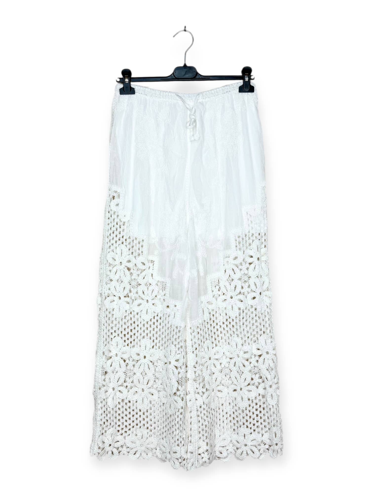 Pantalon à Motifs Ajourés et Broderies Florales