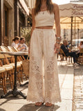 Pantalon à Motifs Ajourés et Broderies Florales