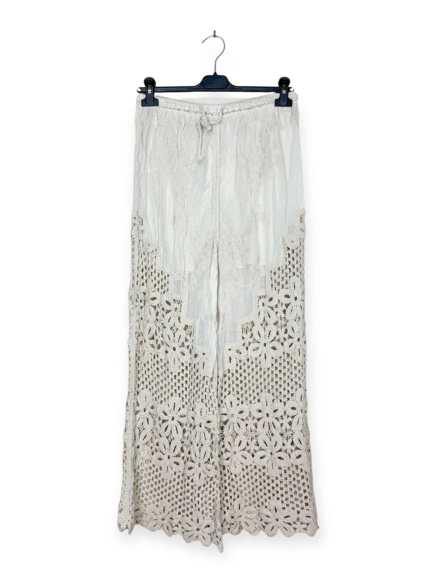 Pantalon à Motifs Ajourés et Broderies Florales