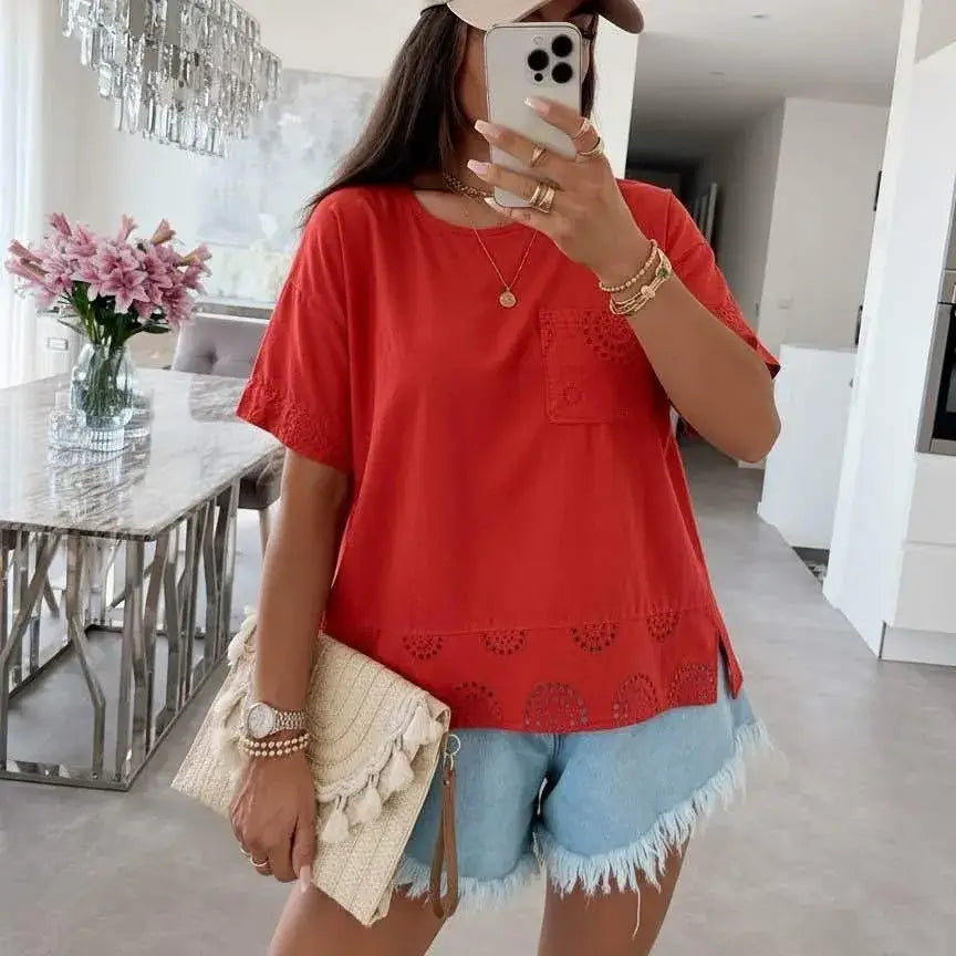 Top Fluide – Poche Brodée Finitions Dentelle